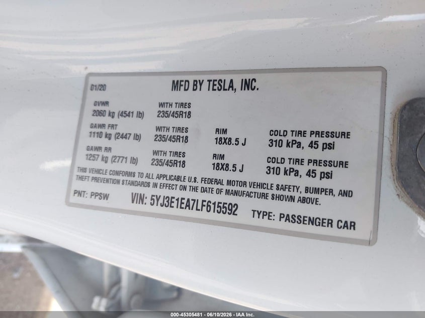 2020 TESLA MODEL 3 SEDAN ELECTRIC