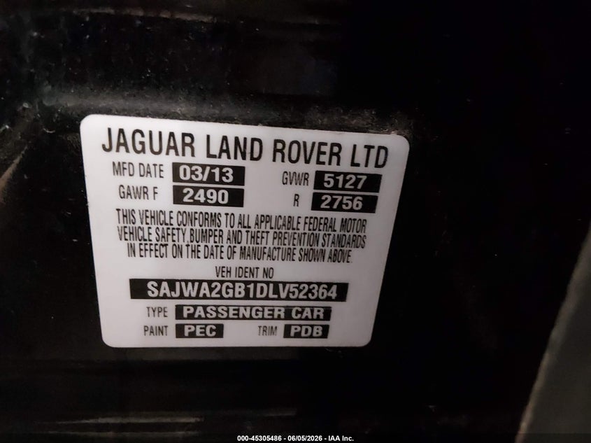 2013 Jaguar Xj Xjl Portfolio VIN: SAJWA2GB1DLV52364 Lot: 45305486