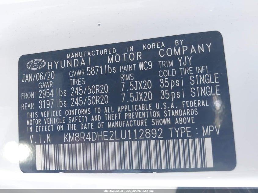 2020 HYUNDAI PALISADE SPORT UTILITY VEHICLE 3.8L V-6 DI, DOHC, VVT, 291HP