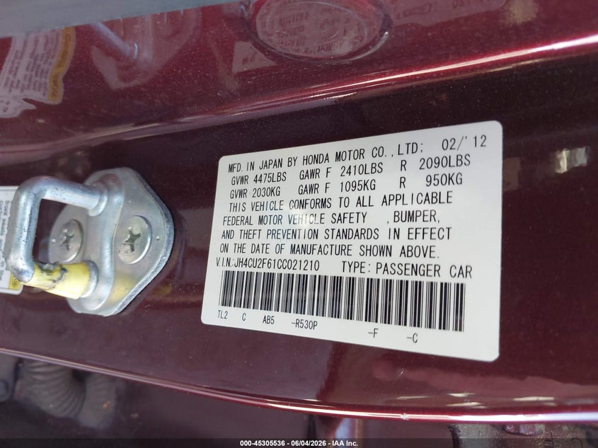 2012 Acura Tsx 2.4 VIN: JH4CU2F61CC021210 Lot: 45305536