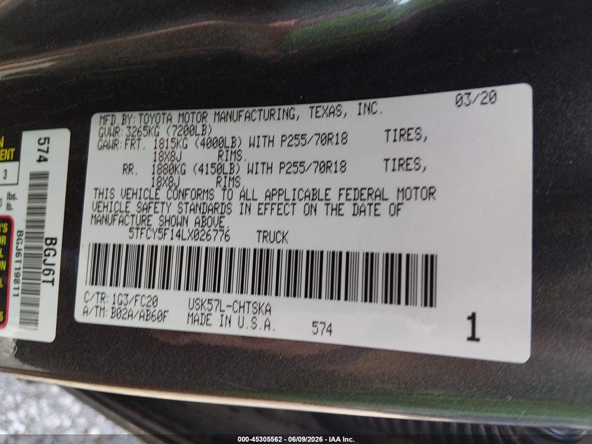 2020 Toyota Tundra Sr5 VIN: 5TFCY5F14LX026776 Lot: 45305562