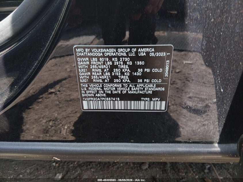 2023 VOLKSWAGEN ATLAS 3.6L V-6 DI, DOHC, V(VIN: 1V2FR2CA7PC557415