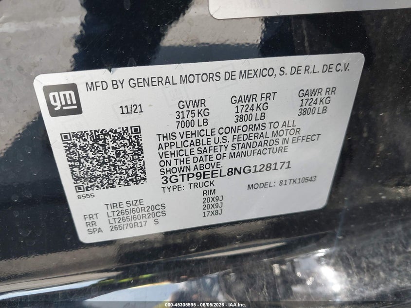 2022 GMC SIERRA 1500 LIMITED 6.2L V-8 DI, VVT, 42(VIN: 3GTP9EEL8NG128171
