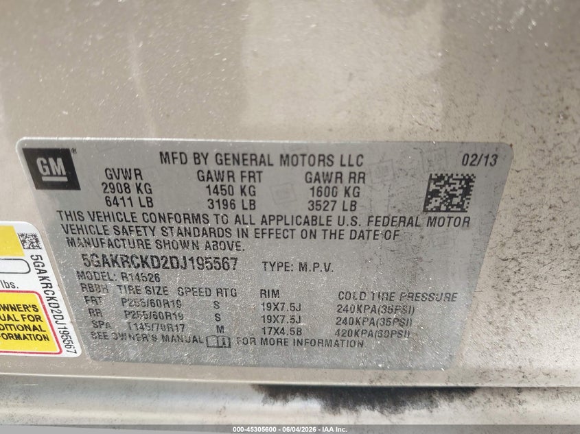 2013 Buick Enclave Leather VIN: 5GAKRCKD2DJ195567 Lot: 45305600