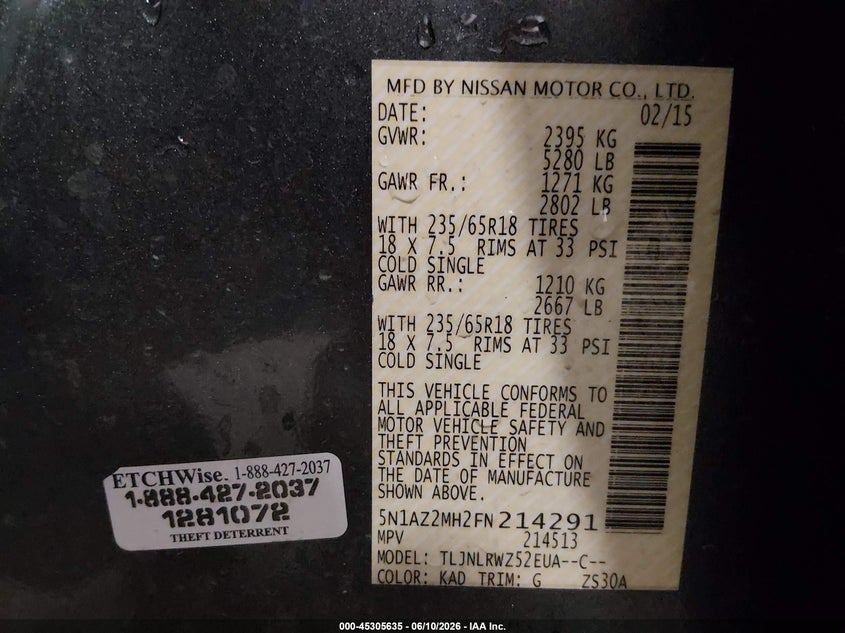 2015 Nissan Murano Sl VIN: 5N1AZ2MH2FN214291 Lot: 45305635