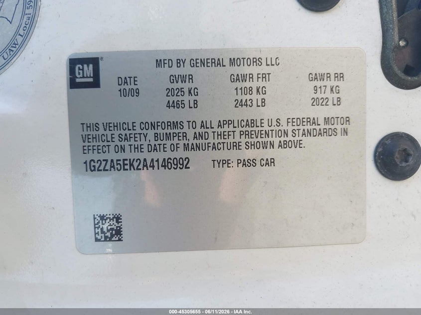 2010 Pontiac G6 VIN: 1G2ZA5EK2A4146992 Lot: 45305655