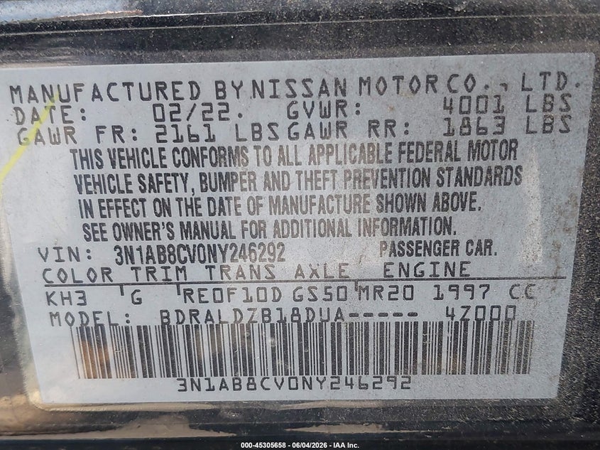 2022 Nissan Sentra Sv Xtronic Cvt VIN: 3N1AB8CV0NY246292 Lot: 45305658