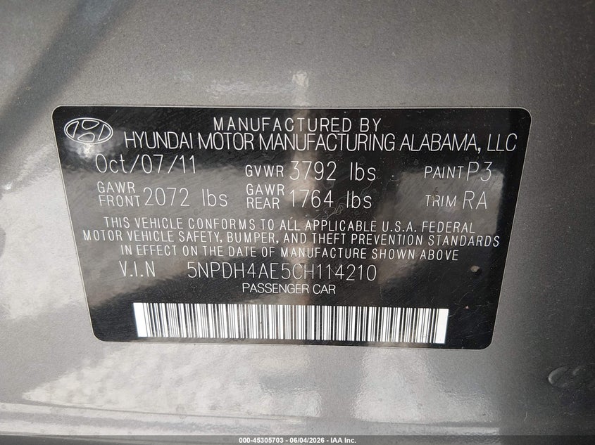 2012 Hyundai Elantra Gls VIN: 5NPDH4AE5CH114210 Lot: 45305703
