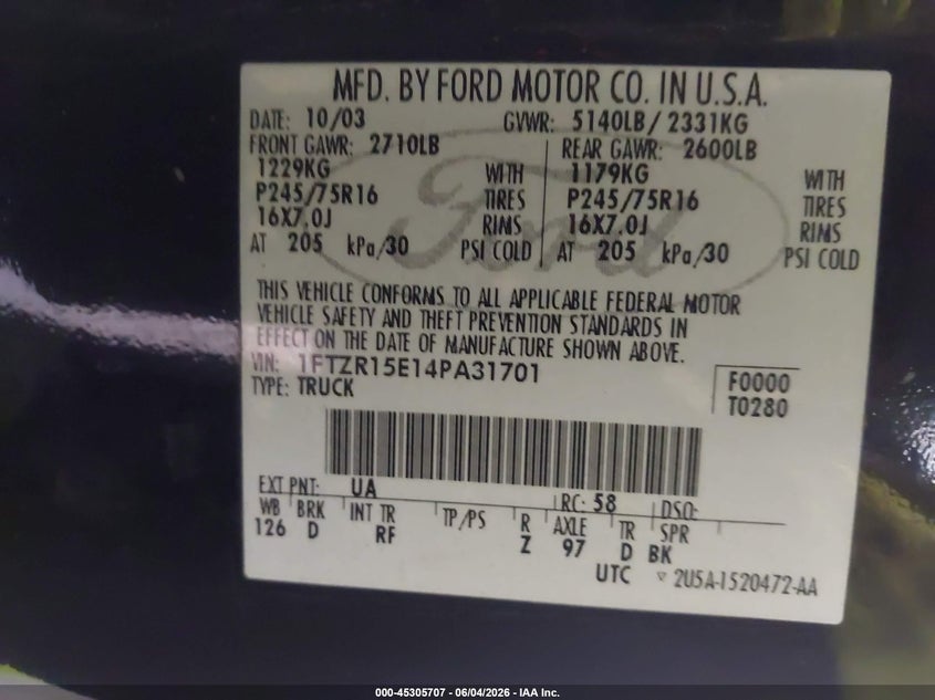 2004 Ford Ranger Xlt VIN: 1FTZR15E14PA31701 Lot: 45305707