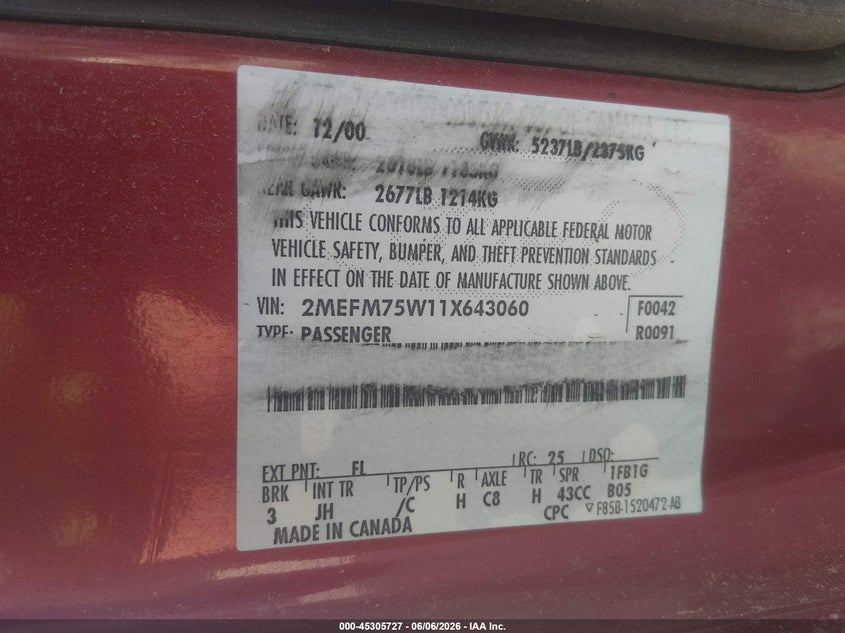 2001 Mercury Grand Marquis Ls VIN: 2MEFM75W11X643060 Lot: 45305727