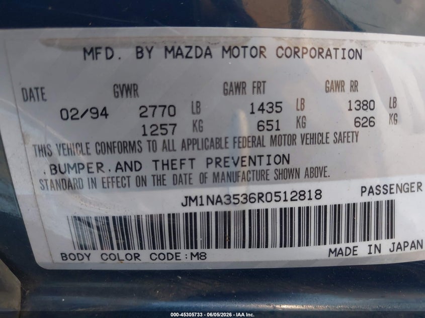 1994 Mazda Mx-5 Miata VIN: JM1NA3536R0512818 Lot: 45305733