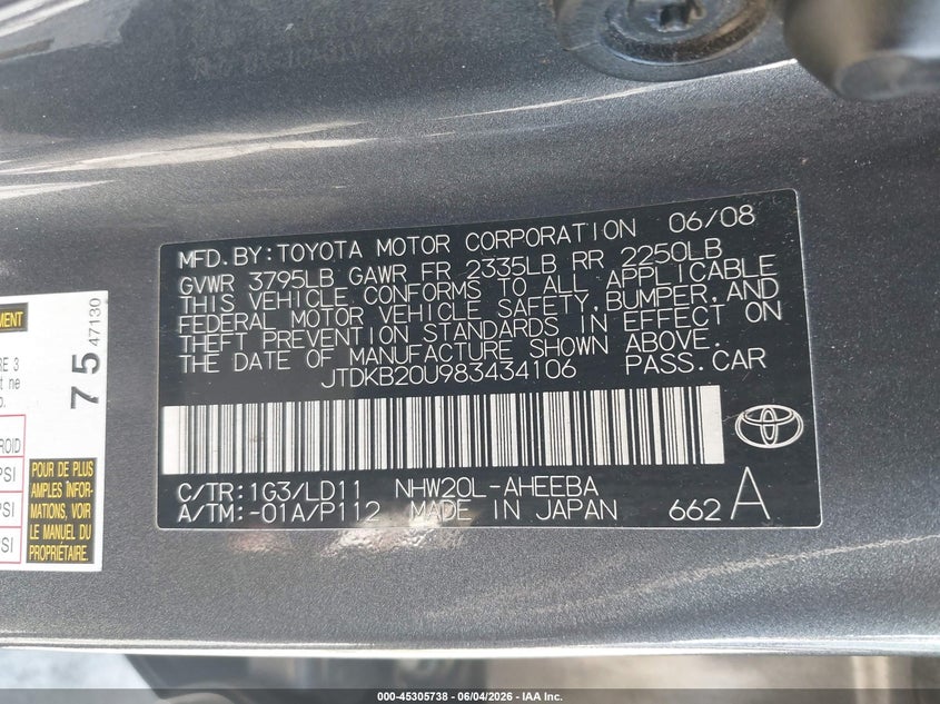 2008 Toyota Prius VIN: JTDKB20U983434106 Lot: 45305738