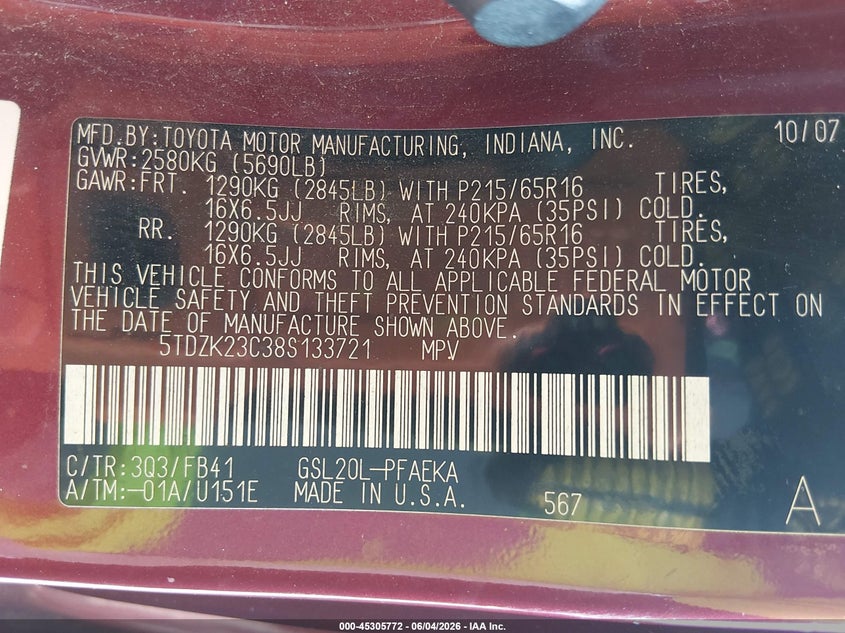 2008 Toyota Sienna Ce/Le VIN: 5TDZK23C38S133721 Lot: 45305772