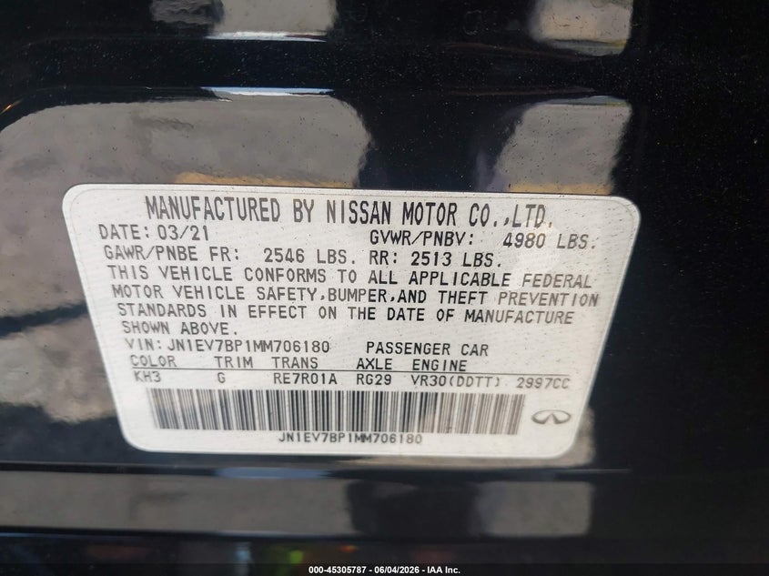 2021 Infiniti Q50 Luxe VIN: JN1EV7BP1MM706180 Lot: 45305787