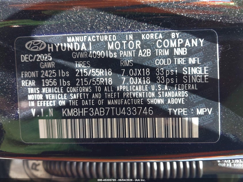 2026 Hyundai Kona Sel Sport VIN: KM8HF3AB7TU433746 Lot: 45305789