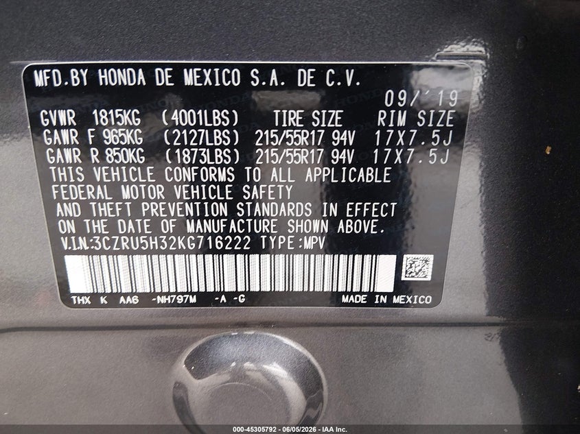 2019 Honda Hr-V Lx VIN: 3CZRU5H32KG716222 Lot: 45305792