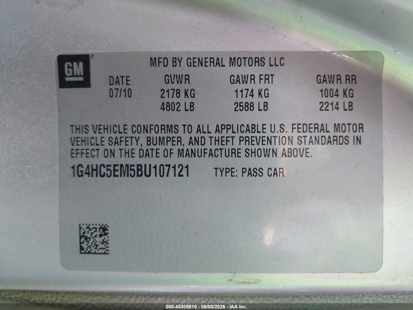 2011 Buick Lucerne Cxl VIN: 1G4HC5EM5BU107121 Lot: 45305810