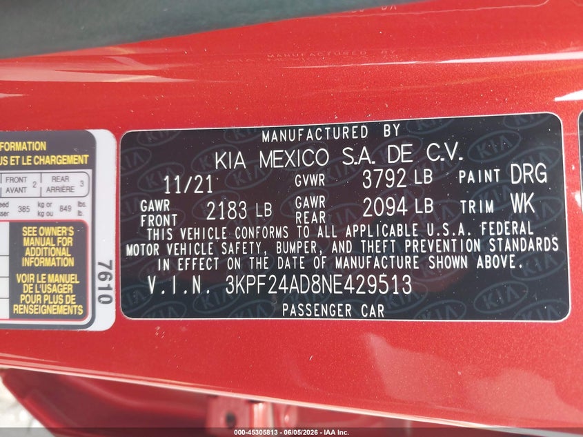 2022 KIA FORTE SEDAN 2.0L I-4 DOHC, VVT, 147HP