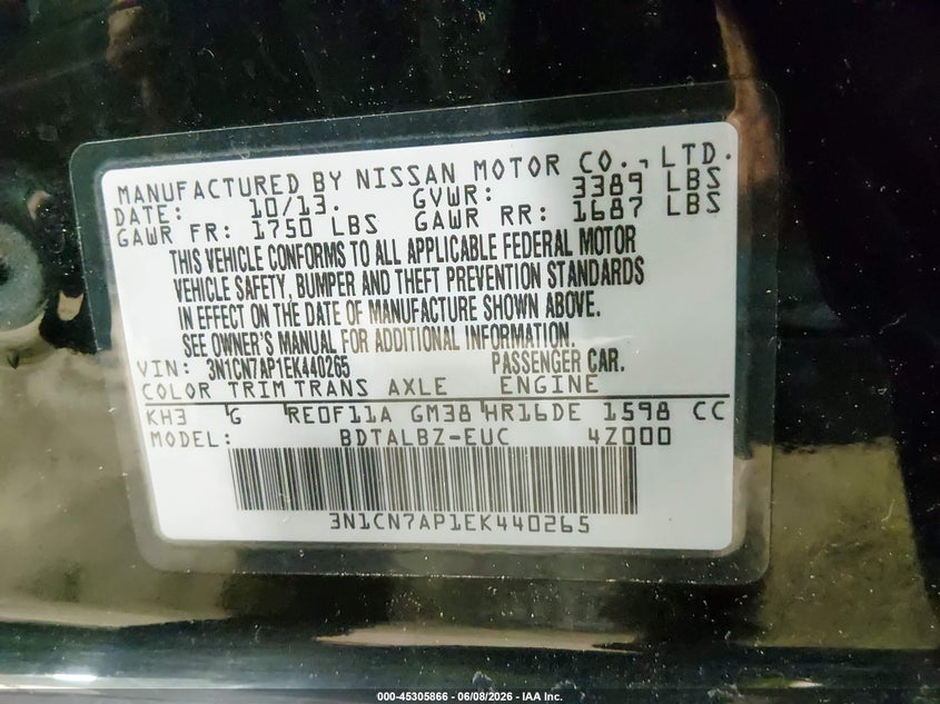 2014 NISSAN VERSA SEDAN 1.6L I-4 DOHC, VVT, 109HP