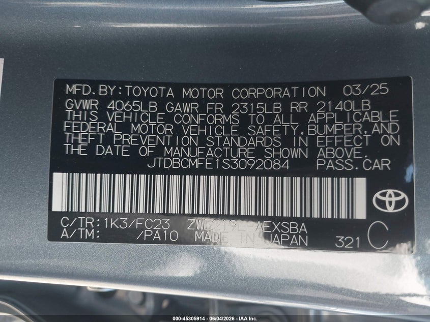 2025 Toyota Corolla Hybrid Se VIN: JTDBCMFE1S3092084 Lot: 45305914