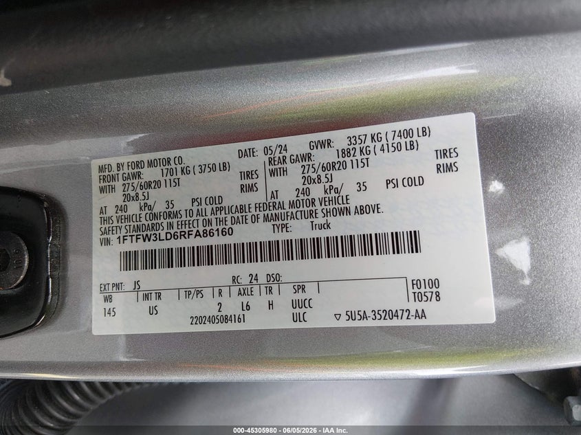 VIN 1FTFW3LD6RFA86160 2024 FORD F-150 XLT