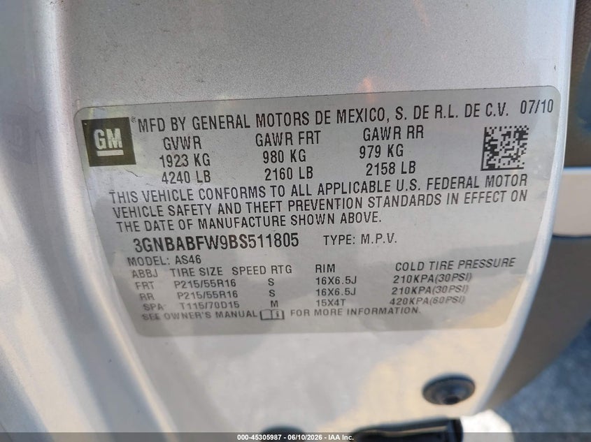2011 Chevrolet Hhr Lt VIN: 3GNBABFW9BS511805 Lot: 45305987