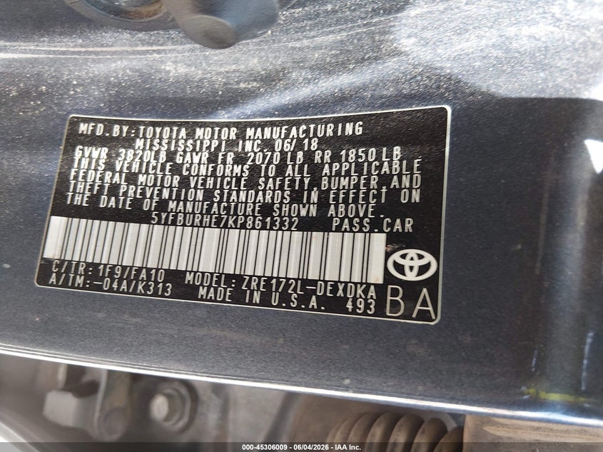 2019 Toyota Corolla L VIN: 5YFBURHE7KP861332 Lot: 45306009