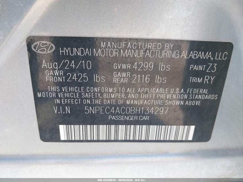 2011 Hyundai Sonata Se VIN: 5NPEC4AC0BH134297 Lot: 45306030