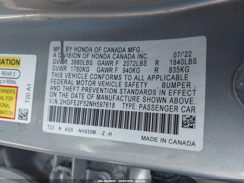 2022 Honda Civic Sport VIN: 2HGFE2F52NH597618 Lot: 45306057