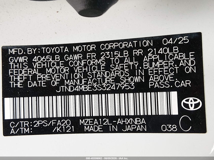 2025 TOYOTA COROLLA 2.0L I-4 DI, DOHC, V(VIN: JTND4MBE3S3247953