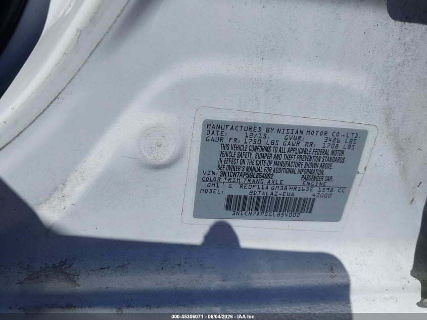 2016 Nissan Versa 1.6 S+ VIN: 3N1CN7AP5GL854002 Lot: 45306071
