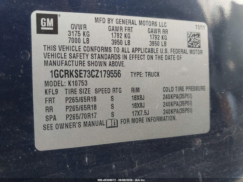 2012 Chevrolet Silverado 5.3 1500 Lt blue Lot 111045306072 Vin 1GCRKSE73CZ179556