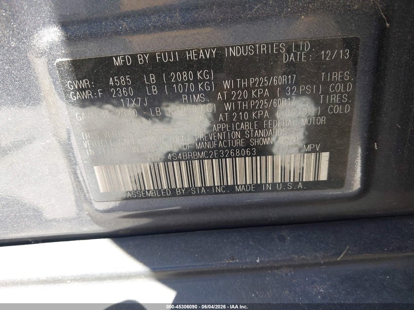 2014 Subaru Outback 2.5I Limited VIN: 4S4BRBMC2E3268063 Lot: 45306090
