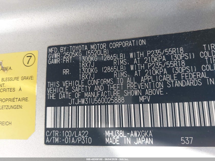 2006 Lexus Rx 400H VIN: JTJHW31U560025888 Lot: 45306100