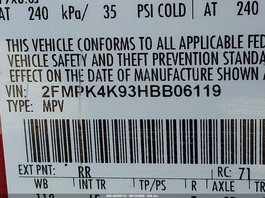 VIN 2FMPK4K93HBB06119 2017 FORD EDGE TITANIUM