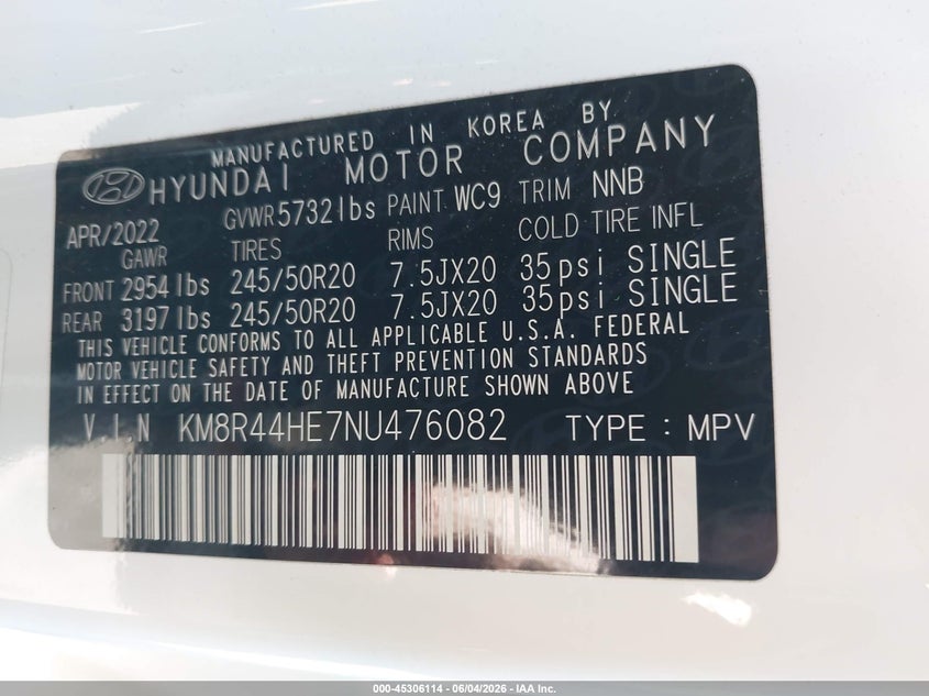 2022 Hyundai Palisade Sel VIN: KM8R44HE7NU476082 Lot: 45306114
