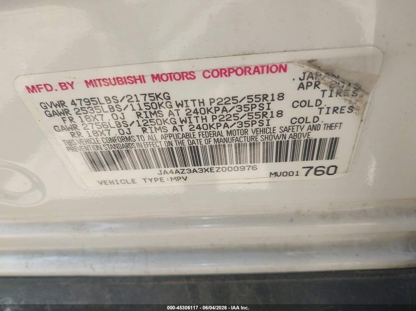 2014 Mitsubishi Outlander Se VIN: JA4AZ3A3XEZ000976 Lot: 45306117