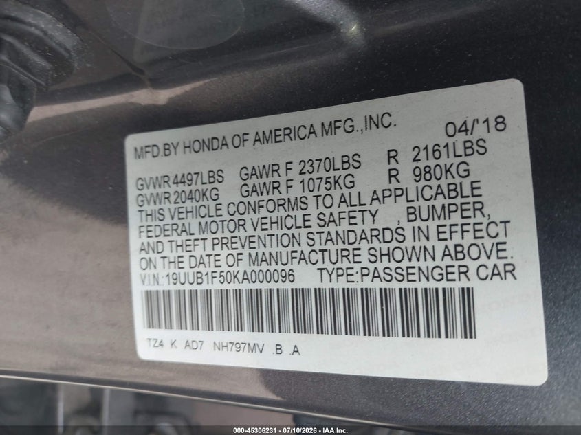 2019 Acura Tlx Tech Pkg VIN: 19UUB1F50KA000096 Lot: 45306231