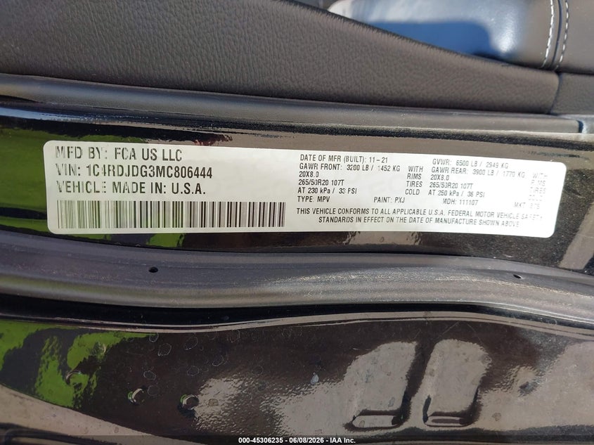 DODGE DURANGO 2021 VIN 1C4RDJDG3MC806444