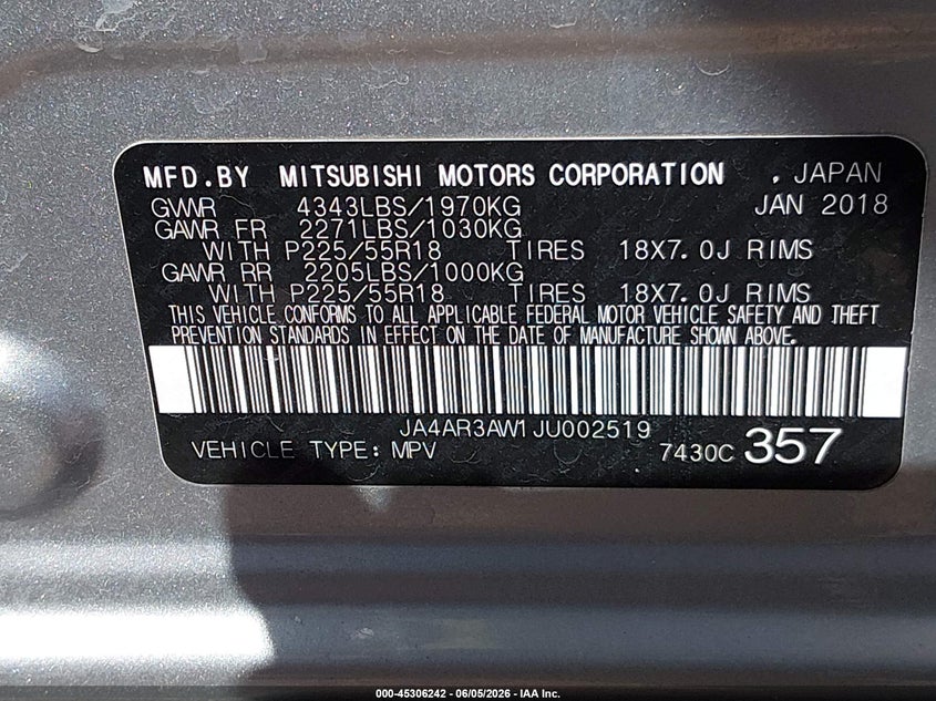 2018 Mitsubishi Outlander Sport 2.4 Se VIN: JA4AR3AW1JU002519 Lot: 45306242