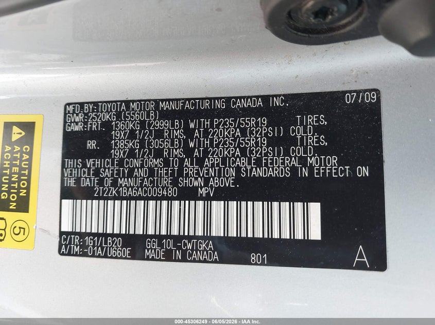 2010 Lexus Rx 350 VIN: 2T2ZK1BA6AC009480 Lot: 45306249