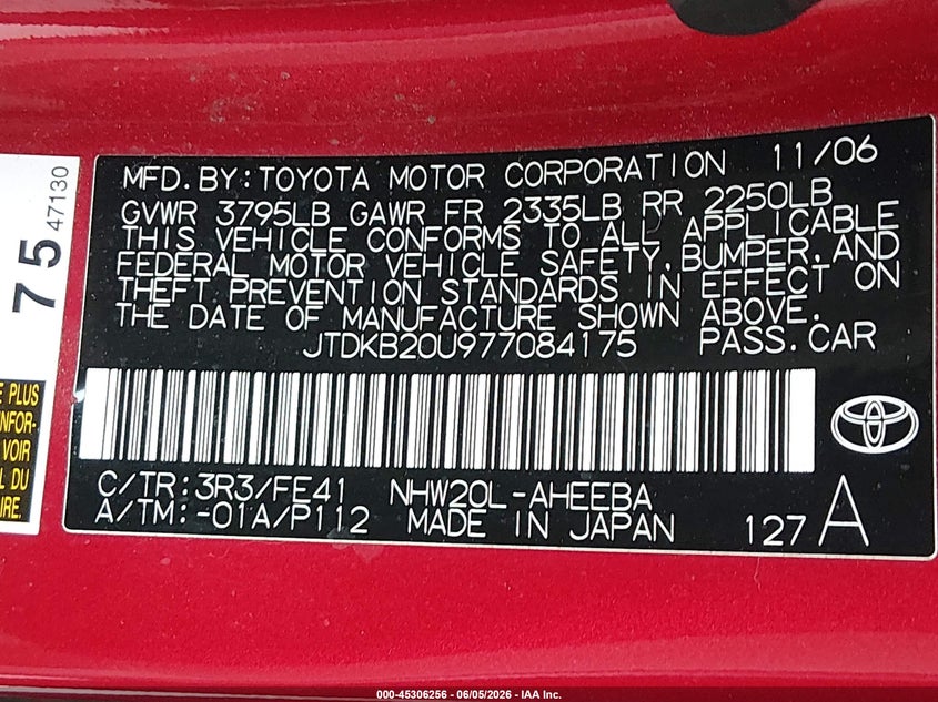 2007 Toyota Prius VIN: JTDKB20U977084175 Lot: 45306256