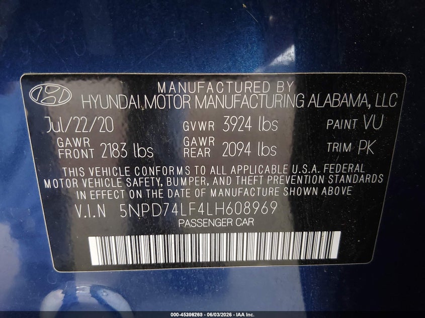 VIN 5NPD74LF4LH608969 2020 HYUNDAI ELANTRA SE