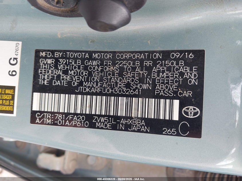 2017 Toyota Prius Two Eco VIN: JTDKARFU0H3032641 Lot: 45306328