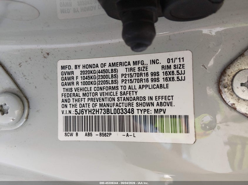 2011 Honda Element Ex VIN: 5J6YH2H73BL003348 Lot: 45306344