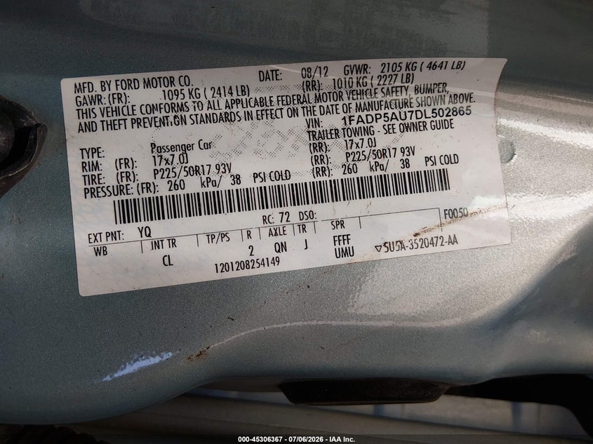 2013 Ford C-Max Hybrid Se VIN: 1FADP5AU7DL502865 Lot: 45306367