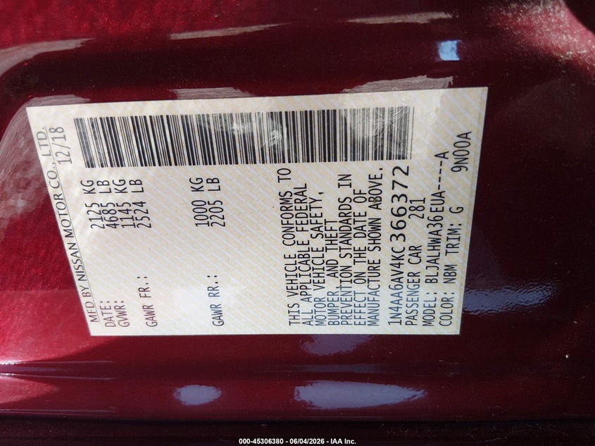 2019 Nissan Maxima 3.5 Platinum VIN: 1N4AA6AV4KC366372 Lot: 45306380
