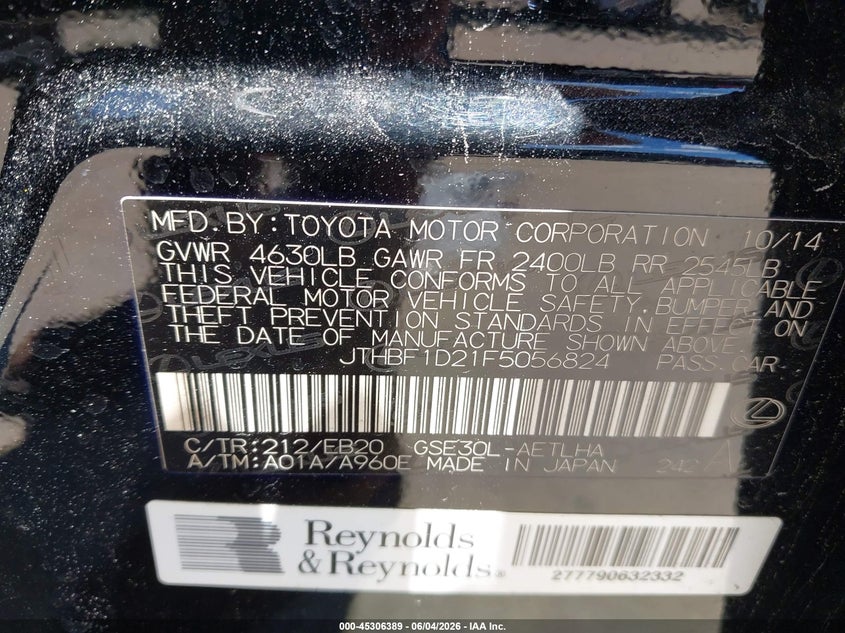 2015 Lexus Is 250 VIN: JTHBF1D21F5056824 Lot: 45306389