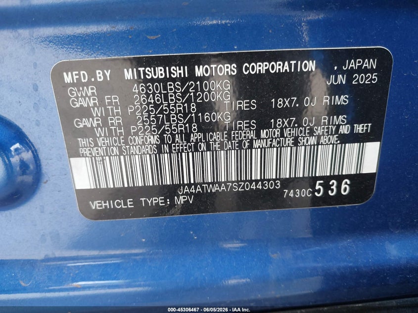 2025 MITSUBISHI ECLIPSE CROSS 1.5L I-4 DI, DOHC, V(VIN: JA4ATWAA7SZ044303