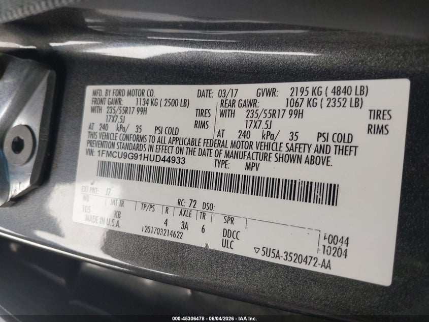 2017 Ford Escape Se VIN: 1FMCU9G91HUD44933 Lot: 45306478